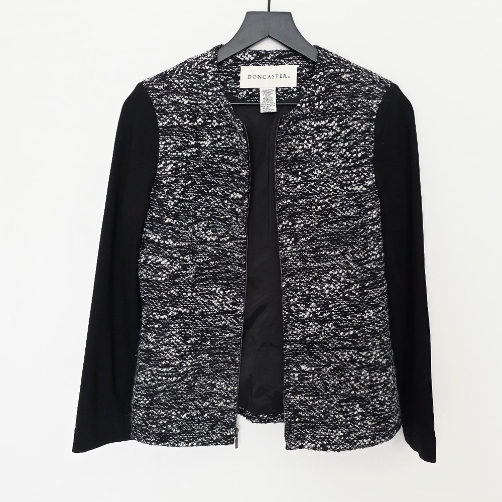 Doncaster Tweed Black And White Ponte Knit Sleeves Zip Front Jacket Women Size 4